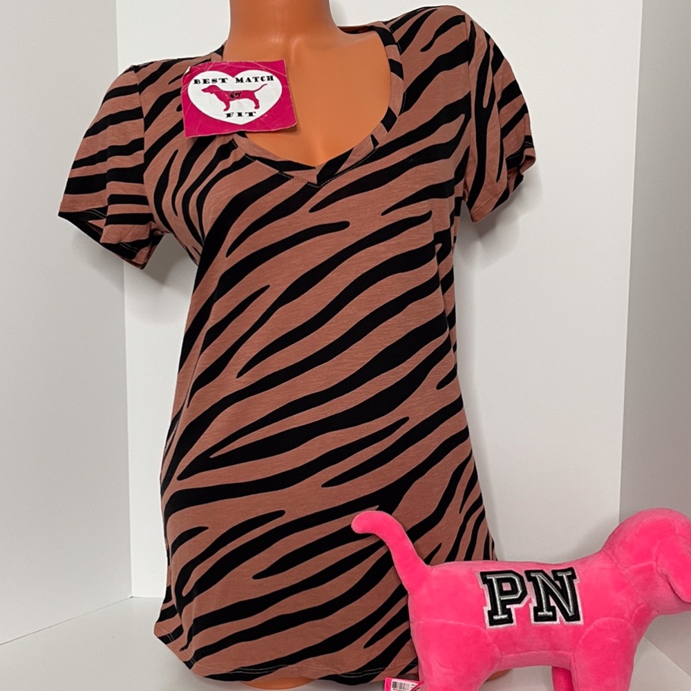 Victoria’s Secret PINK M 100% Cotton Logo T-shirt V-neck Blue Super Soft Tiger